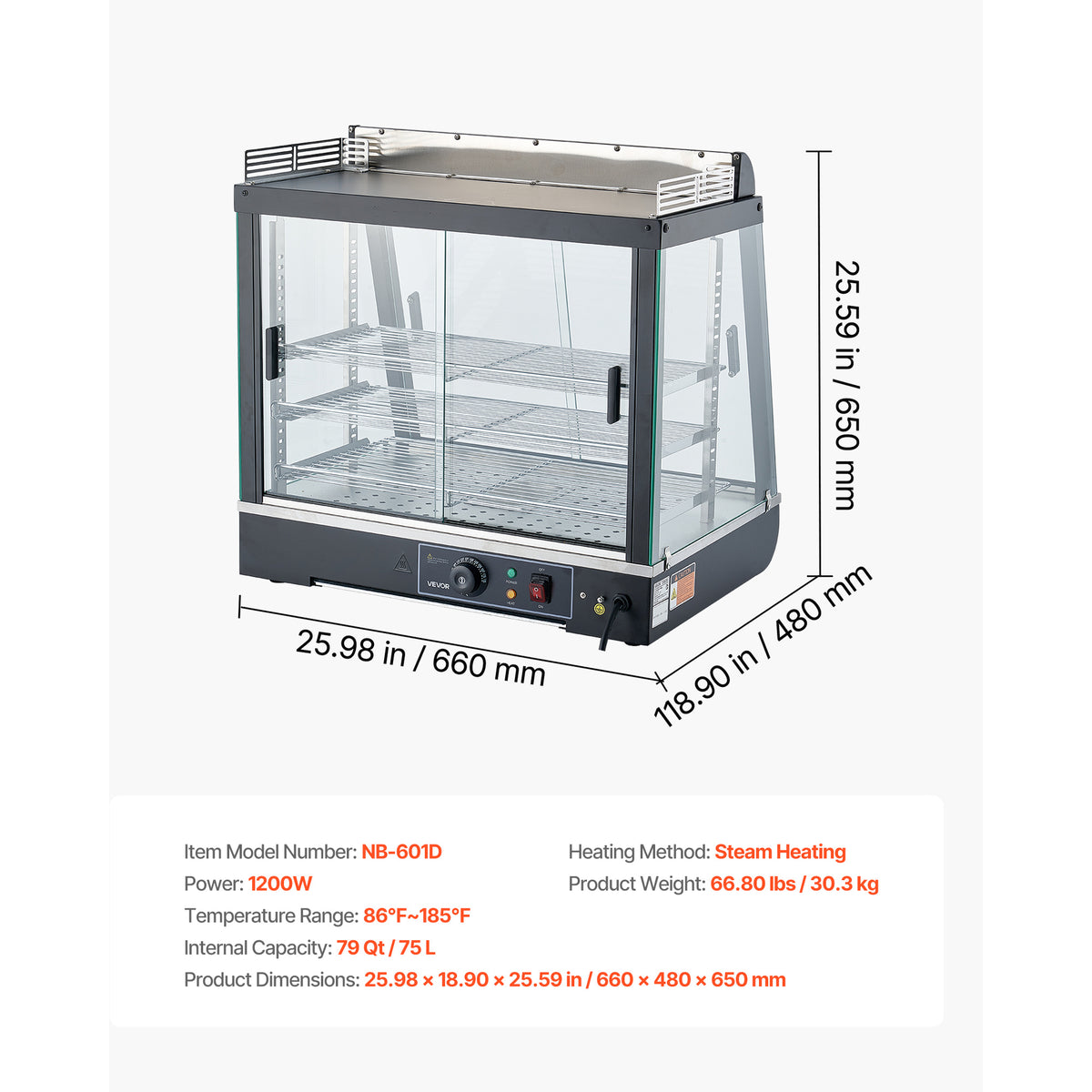 3-Tier Commercial Food Warmer Display, 1200W Food Display Warmer with LED Light, Top Storage and Adjustable Shelves, 86℉~185℉ Steam Heating, 75L for Hamburger, Pizza, Bread, Fried Chicken