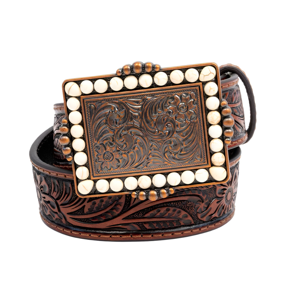 Angel Ranch Girl's Floral Embossed Belt w/White Stone Buckle