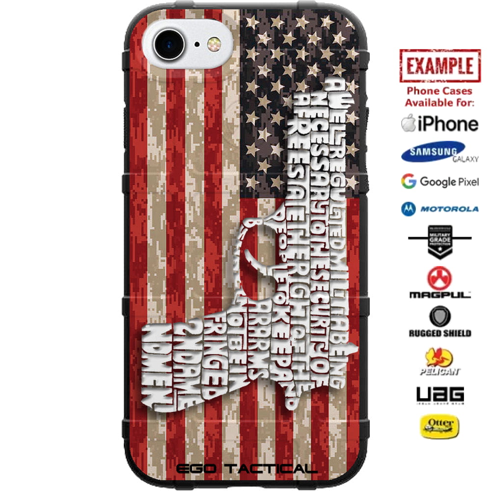 2nd Amendment Pistol on Camo US American Flag Custom Printed Case Design for Apple, Samsung, Google & Motorola Phone Models