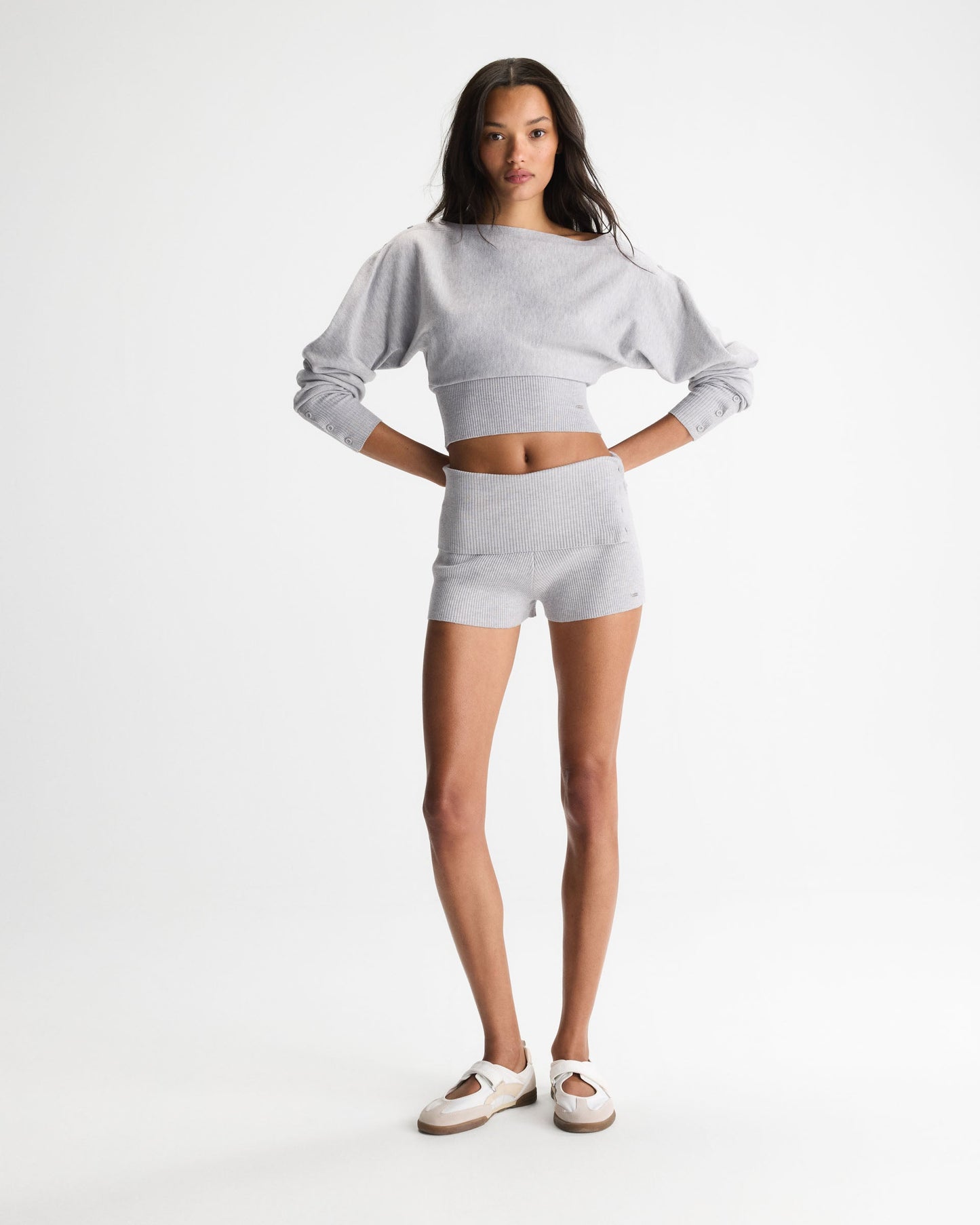 Knit Fold Over Rib Shorts - Light Grey Melange