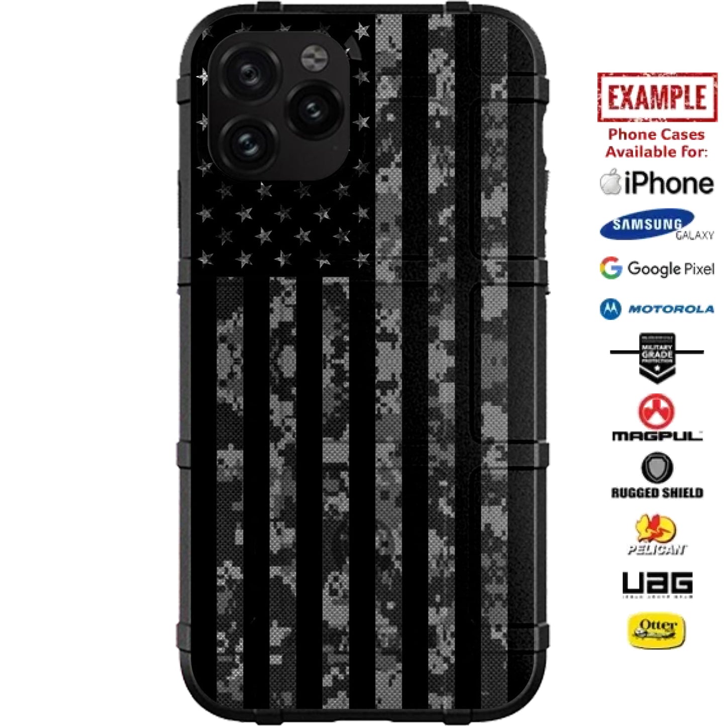 Black Digital Camouflage under Subdued Reversed Assaulting Forward US American Flag Custom Printed Case Design for Apple, Samsung, Google & Motorola Phone Models