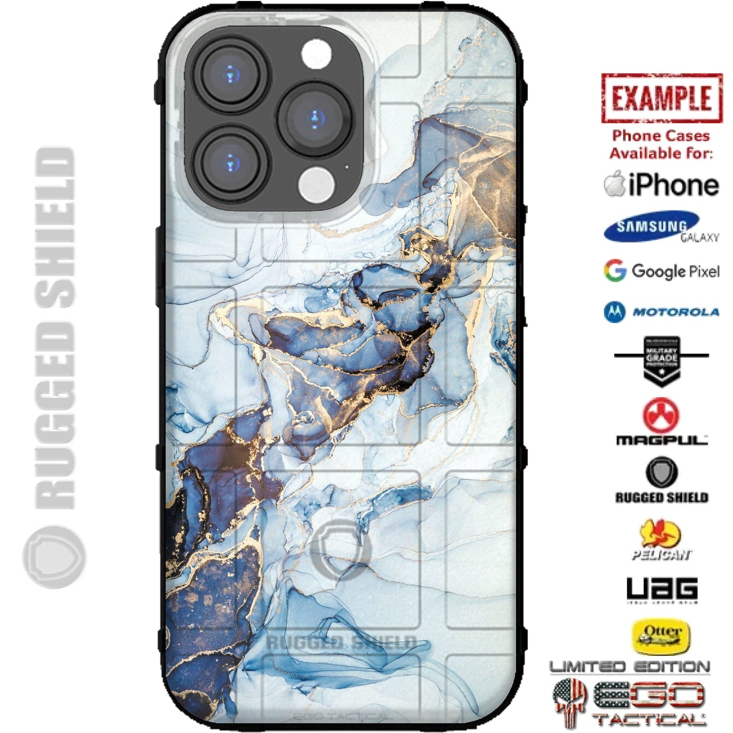 Gold Blue Watercolors Custom Printed Case Design for Apple, Samsung, Google & Motorola Phone Models
