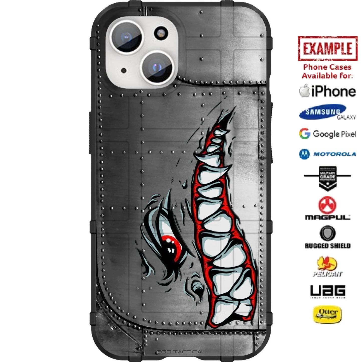Psycho Teeth Warhawk Tiger Shark Tooth on Sheetmetal Custom Printed Case Design for Apple, Samsung, Google & Motorola Phone Models