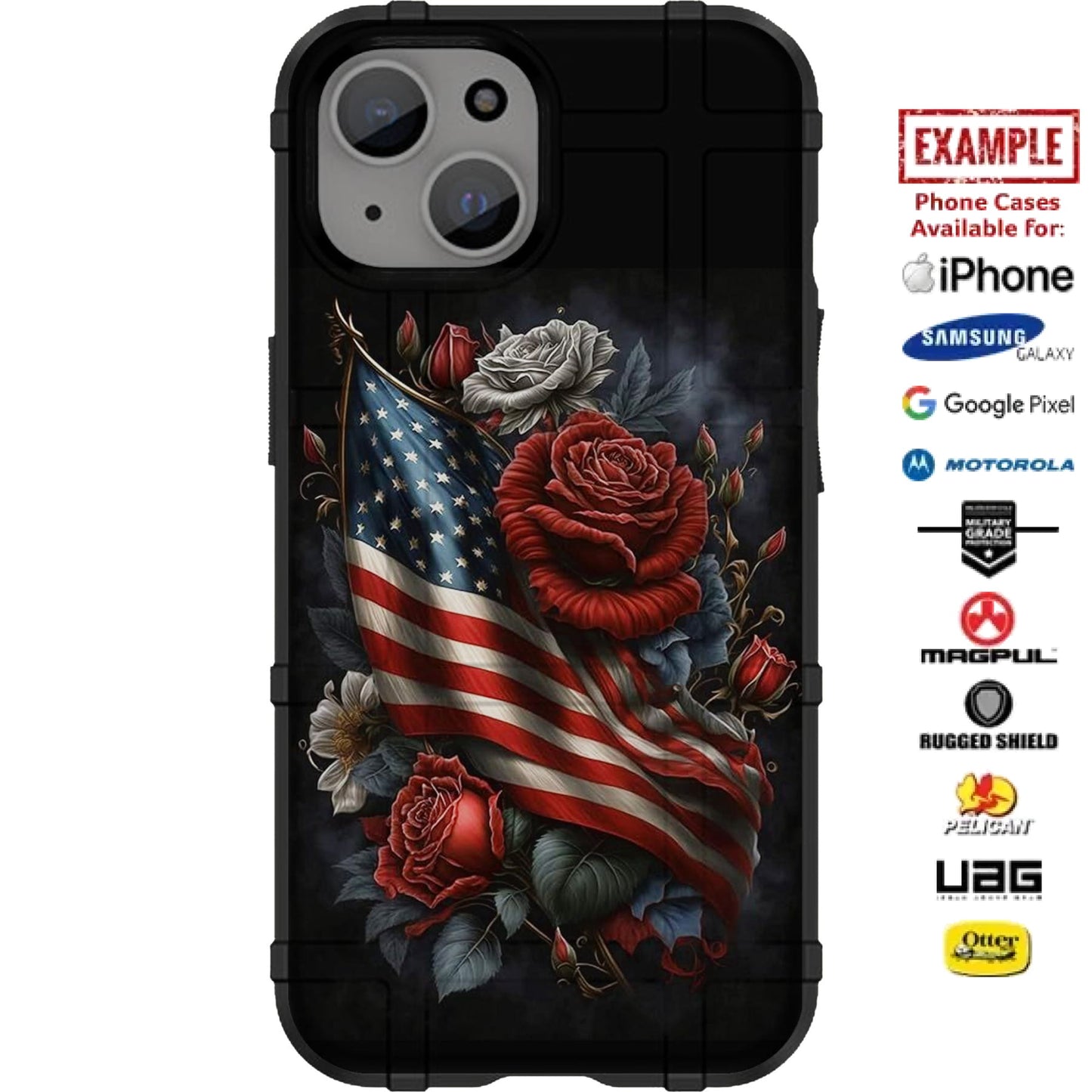 US Flag and Roses Custom Printed Case Design for Apple, Samsung, Google & Motorola Phone Models