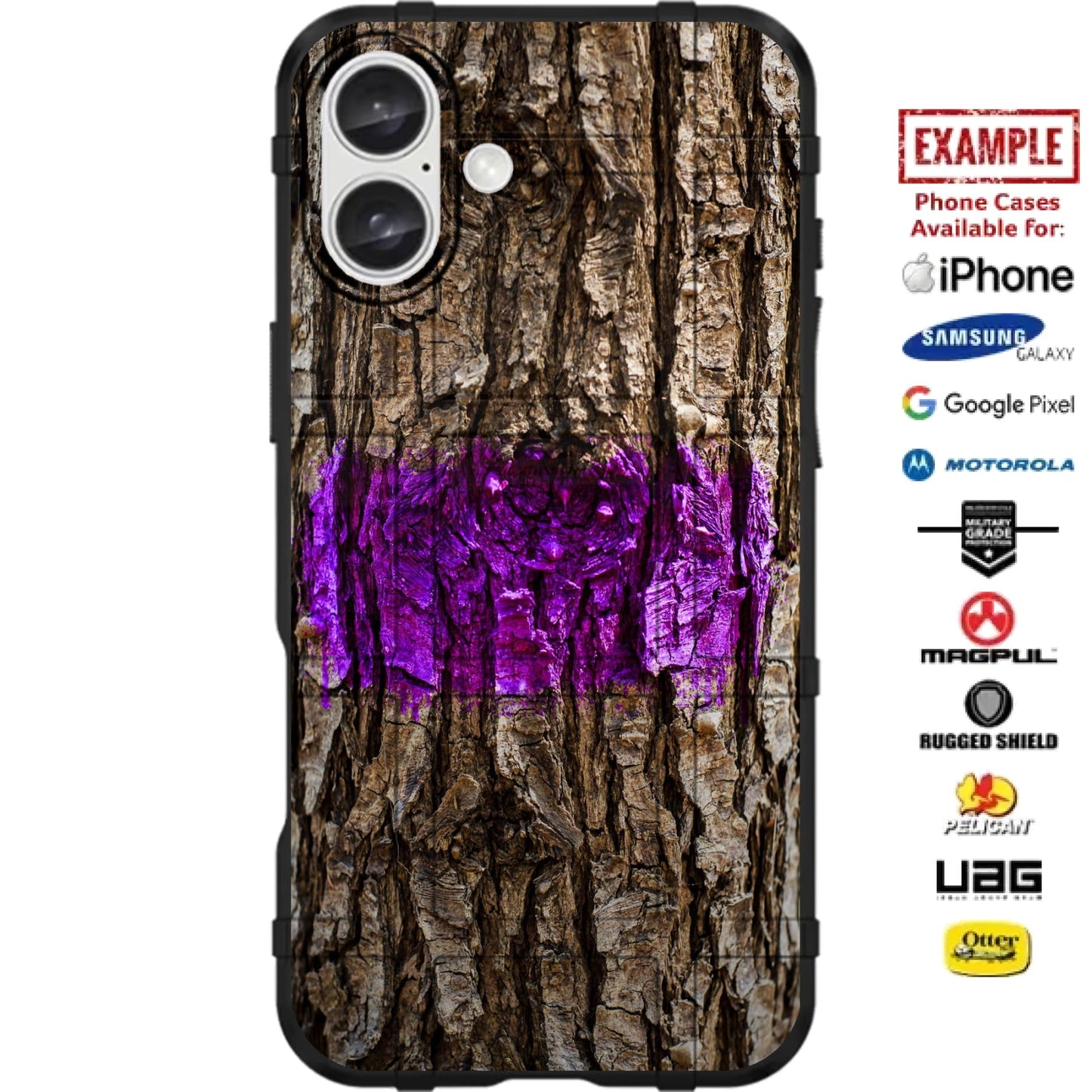 Purple Spray Painted Tree Bark No Trespassing / No Hunting Pattern Print Custom Printed Case Design for Apple, Samsung, Google & Motorola Phone Models
