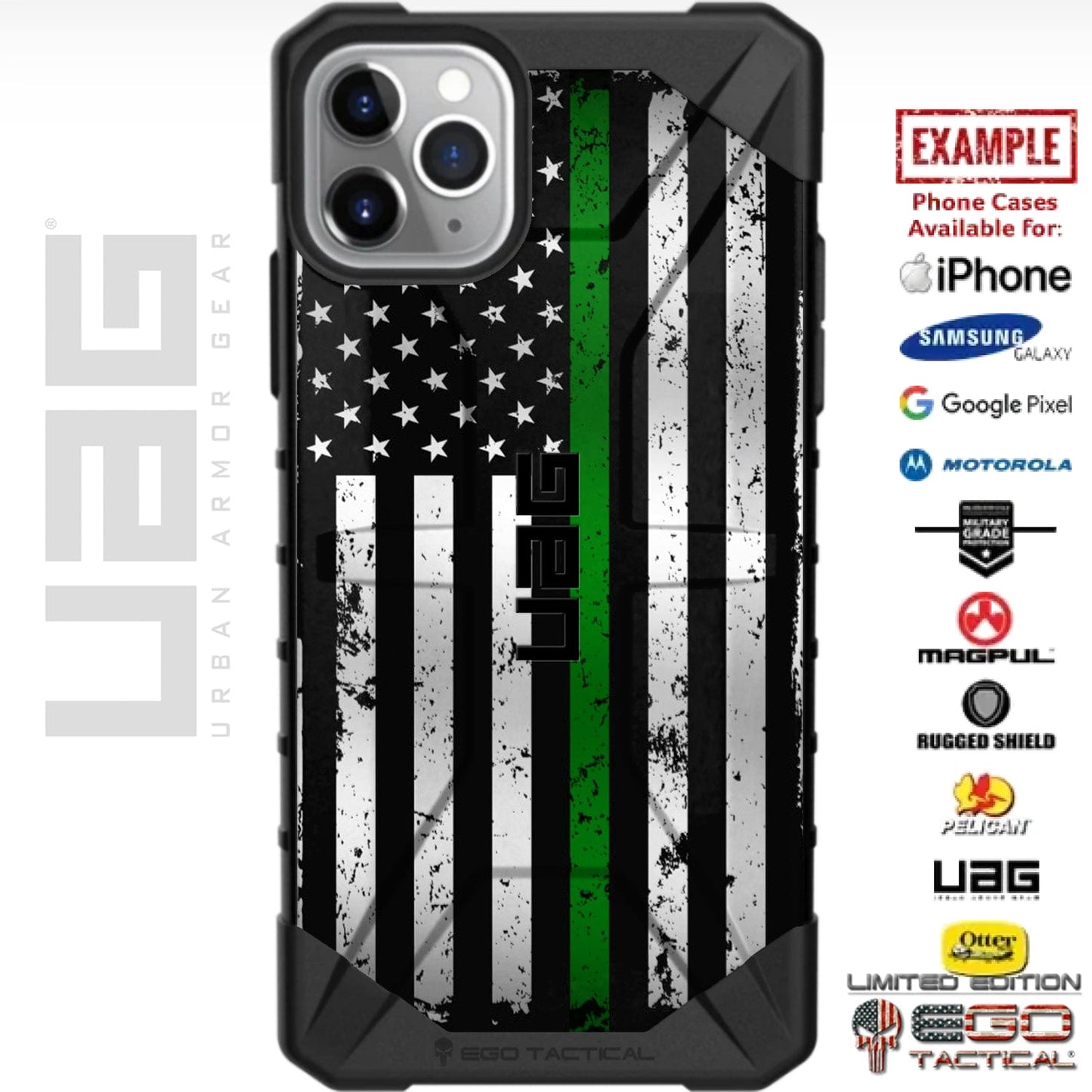 Subdued Reversed US American Flag Thin Green Line Custom Printed Case Design for Apple, Samsung, Google & Motorola Phone Models