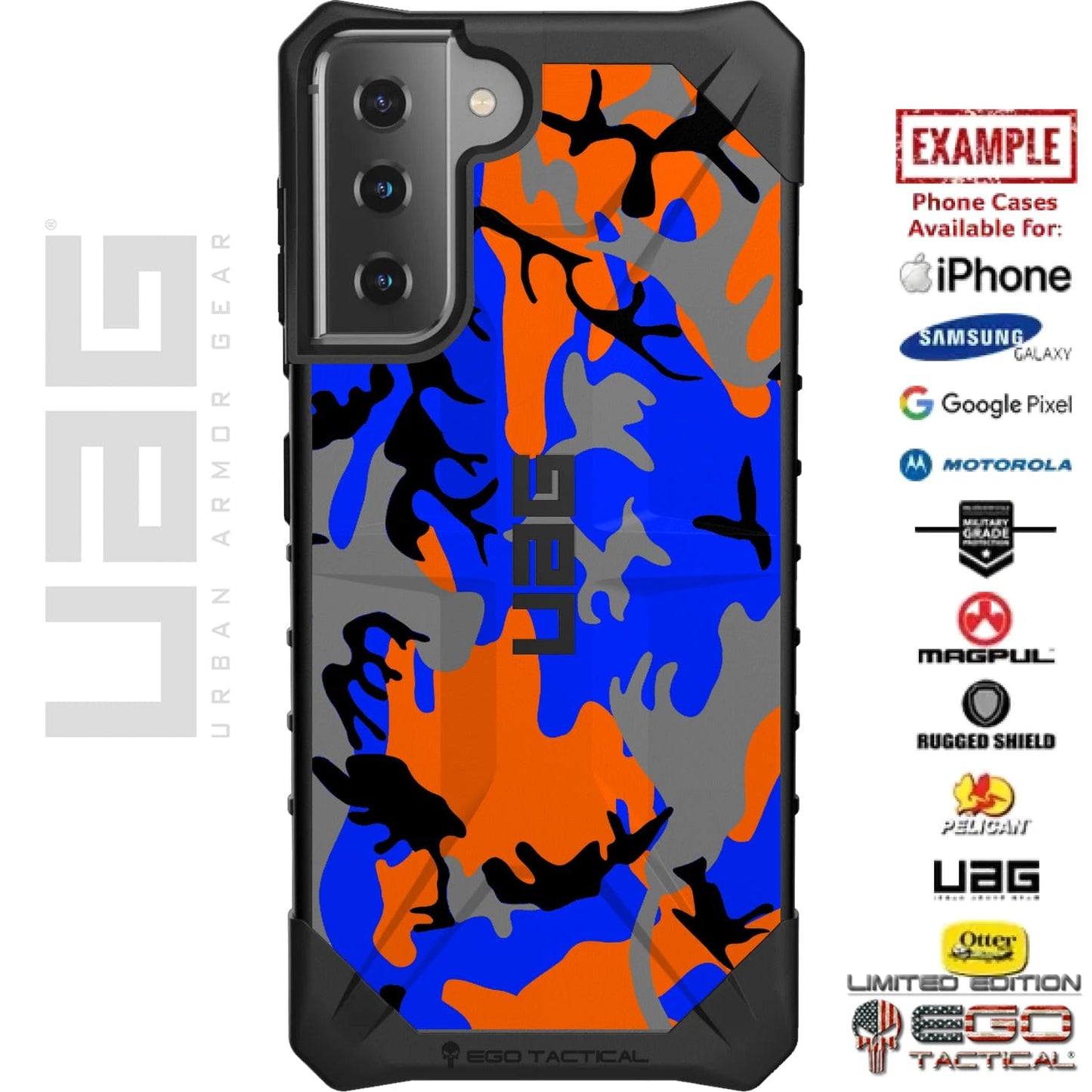Blue & Orange & Grey Urban Camouflage Custom Printed Case Design for Apple, Samsung, Google & Motorola Phone Models