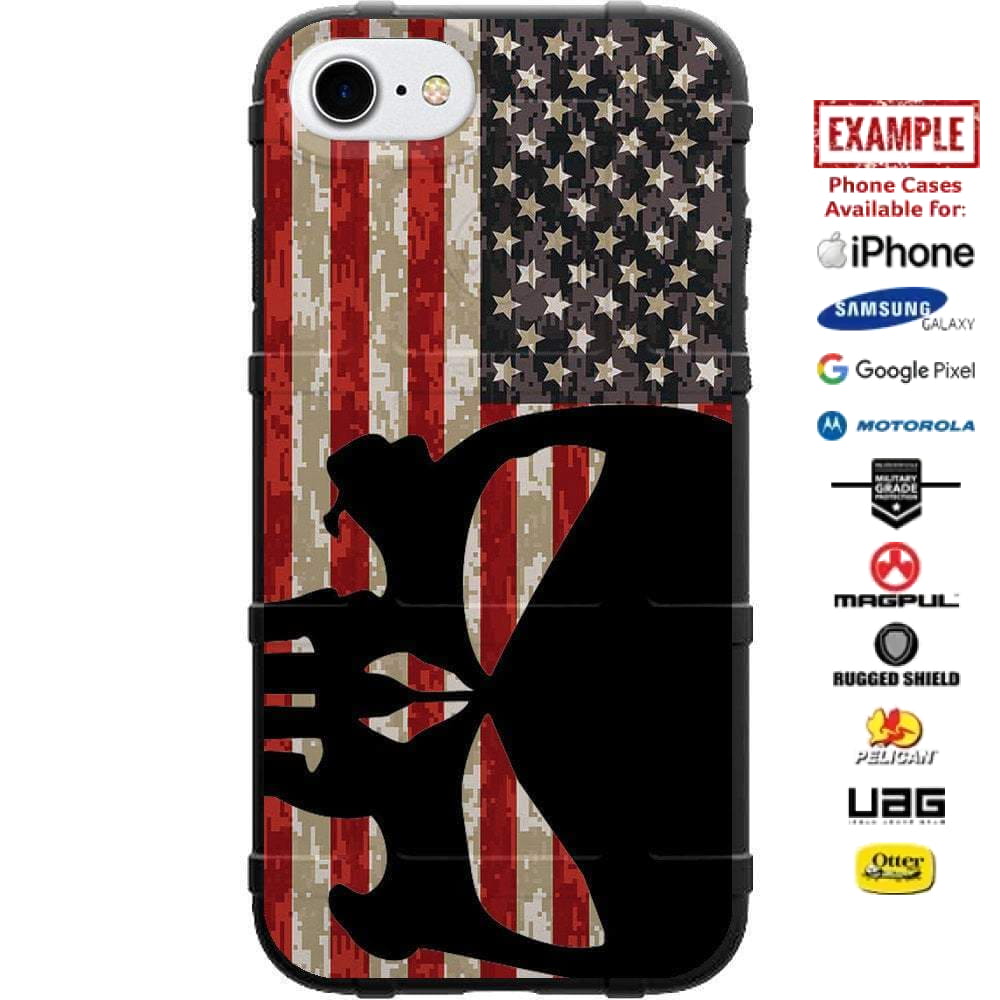 Black Punisher Sideways on USA Flag on Digi Camo Custom Printed Case Design for Apple, Samsung, Google & Motorola Phone Models