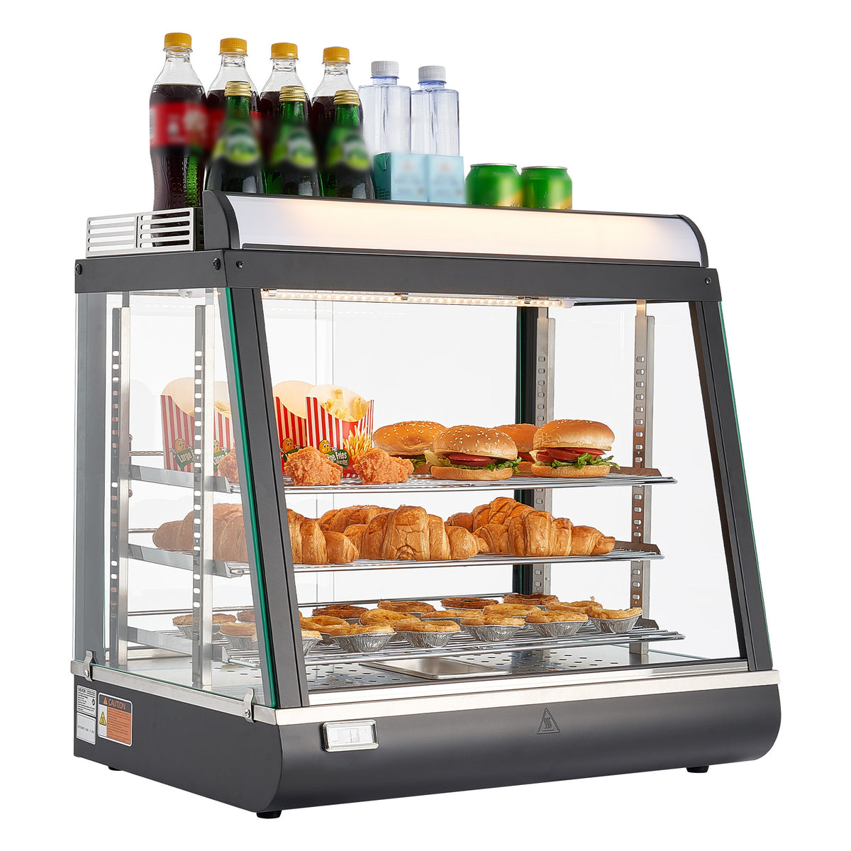 3-Tier Commercial Food Warmer Display, 1200W Food Display Warmer with LED Light, Top Storage and Adjustable Shelves, 86℉~185℉ Steam Heating, 75L for Hamburger, Pizza, Bread, Fried Chicken