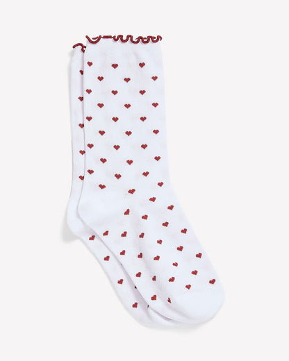 White Lettuce-Edge Crew Socks with Heart Print