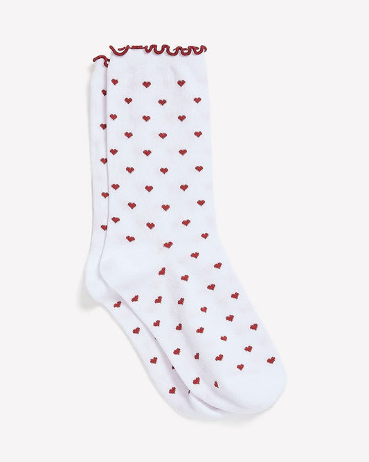 White Lettuce-Edge Crew Socks with Heart Print