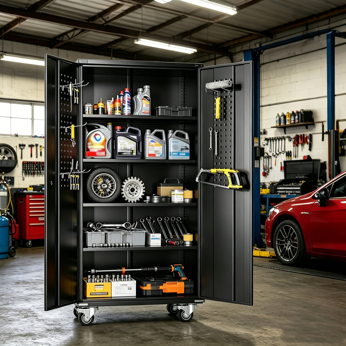 [With Wheels, Adjustable] Metal Storage Cabinet With Wheels, Pegboards, Locking Doors And 4 Adjustable Shelves, 71"H/72"H/73"H Tool Cabinet For Garage, Home, Basement, Kitchen