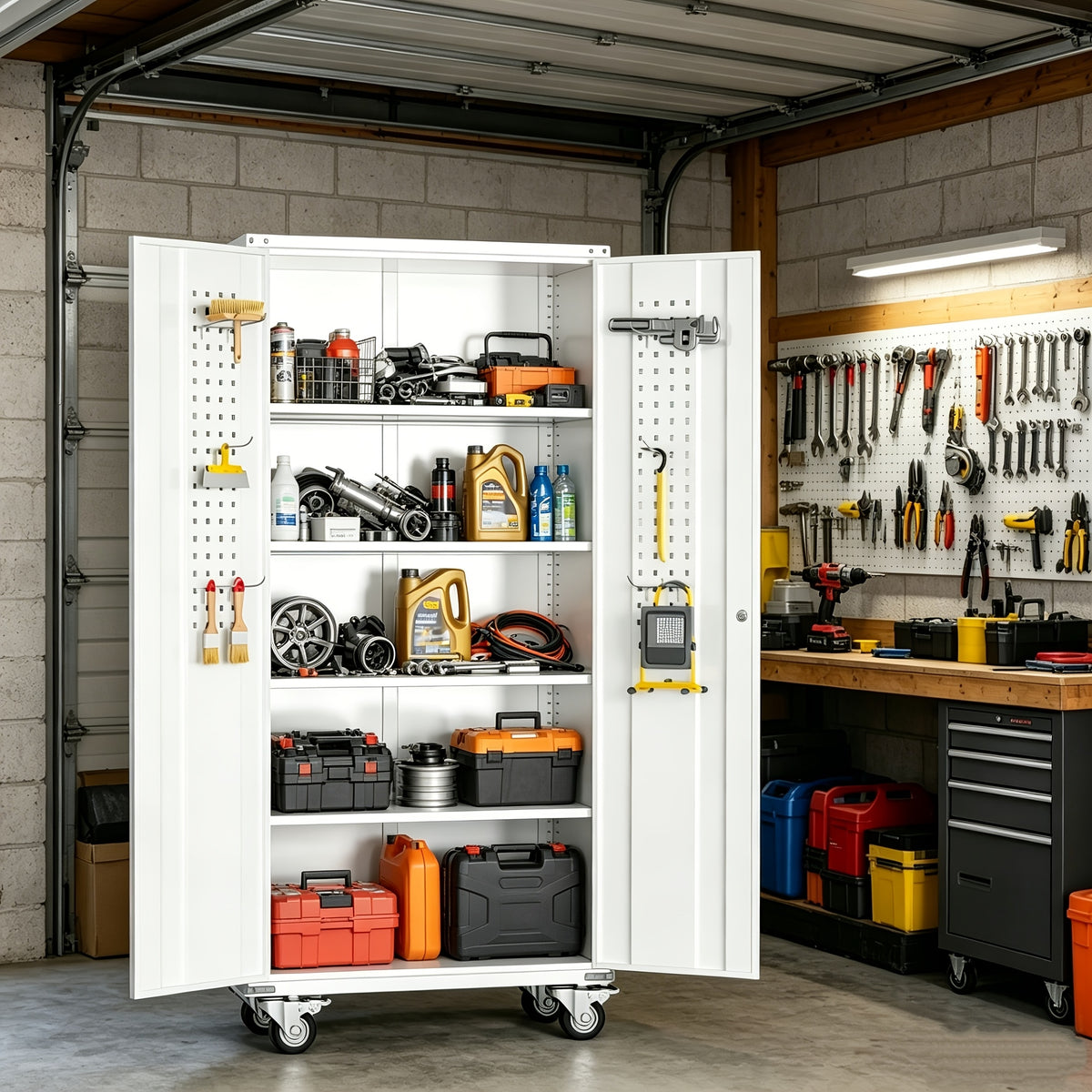 [With Wheels, Adjustable] Metal Storage Cabinet With Wheels, Pegboards, Locking Doors And 4 Adjustable Shelves, 71"H/72"H/73"H Tool Cabinet For Garage, Home, Basement, Kitchen