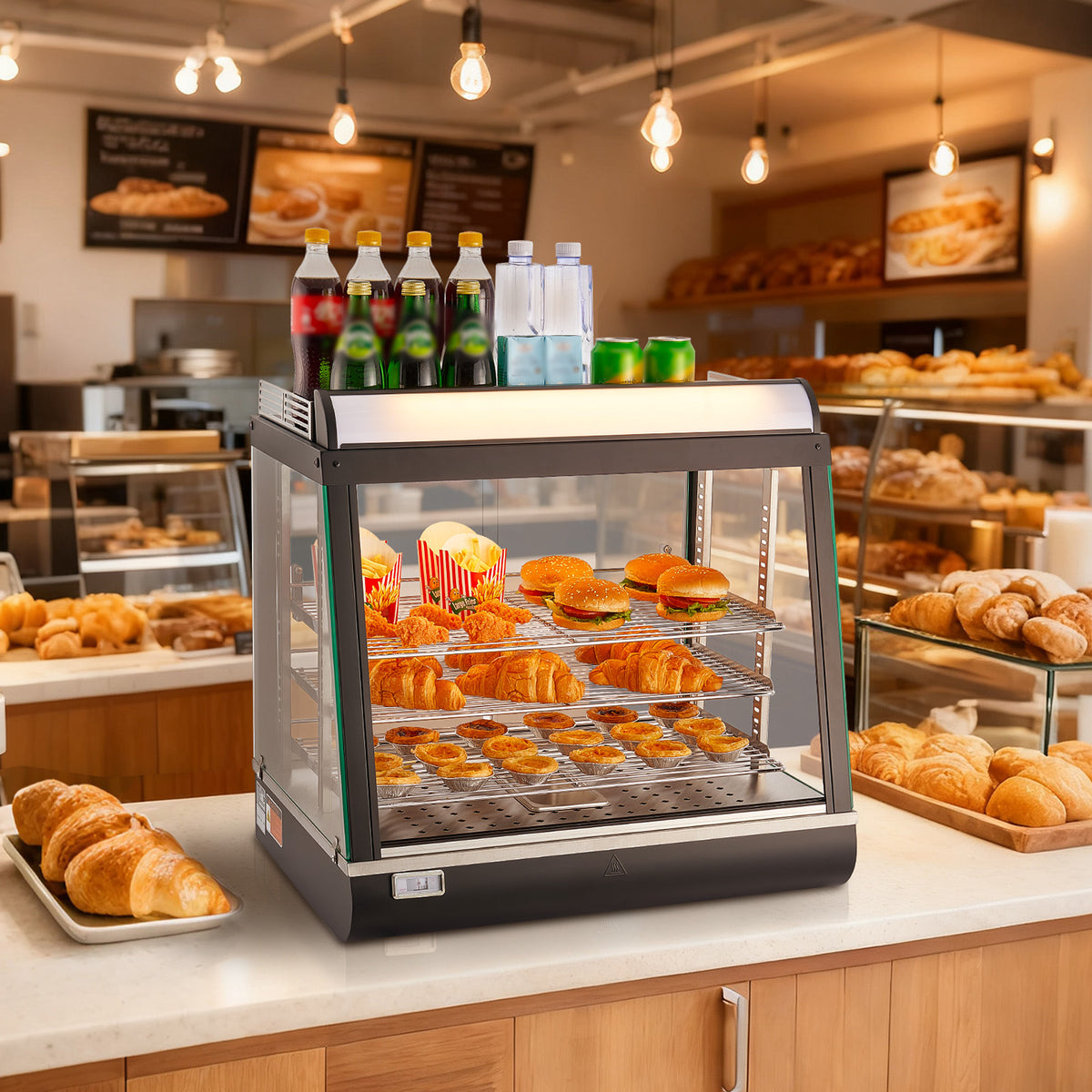 3-Tier Commercial Food Warmer Display, 1200W Food Display Warmer with LED Light, Top Storage and Adjustable Shelves, 86℉~185℉ Steam Heating, 75L for Hamburger, Pizza, Bread, Fried Chicken