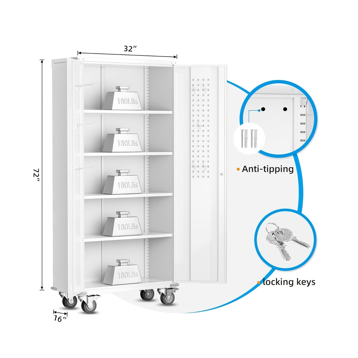 [With Wheels, Adjustable] Metal Storage Cabinet With Wheels, Pegboards, Locking Doors And 4 Adjustable Shelves, 71"H/72"H/73"H Tool Cabinet For Garage, Home, Basement, Kitchen
