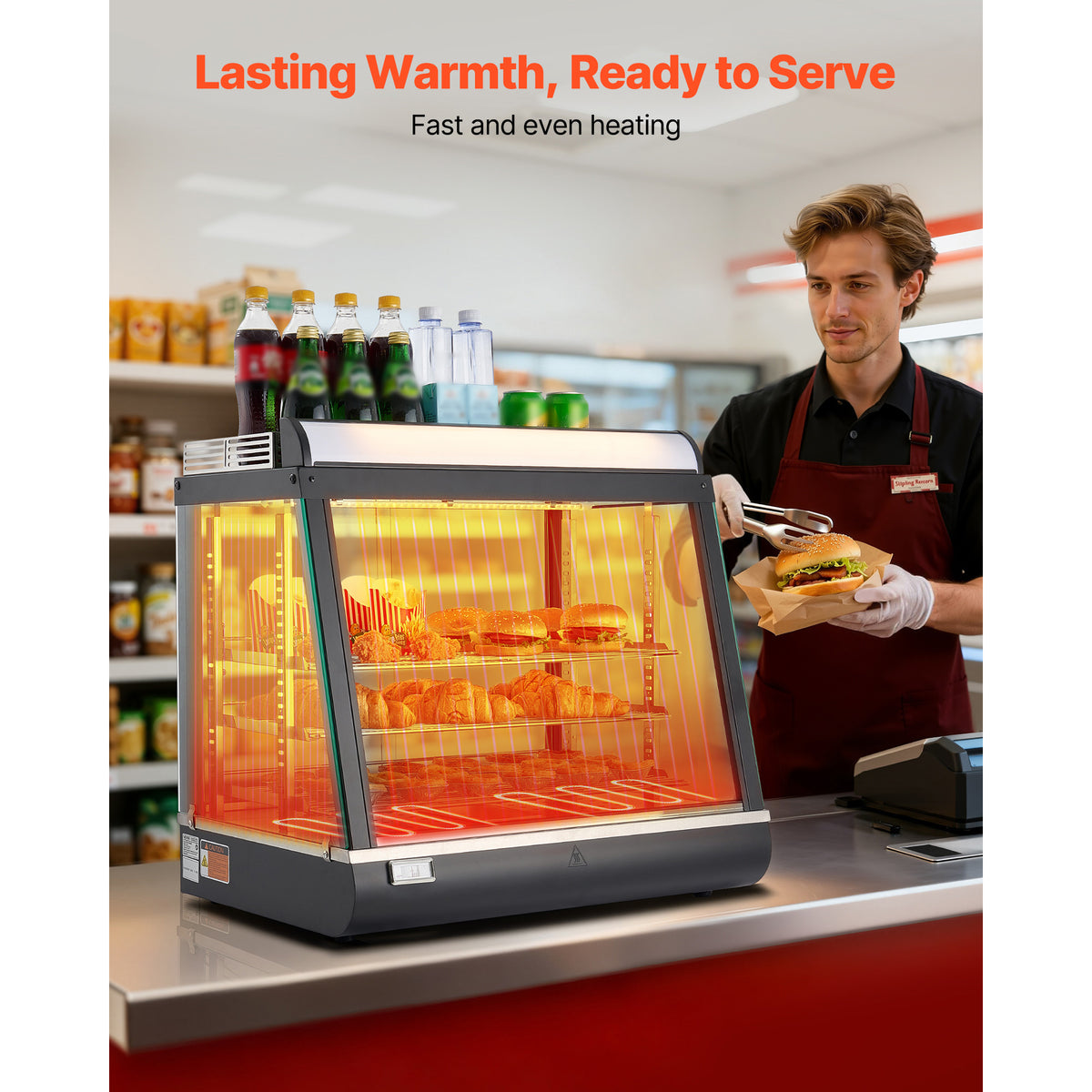 3-Tier Commercial Food Warmer Display, 1200W Food Display Warmer with LED Light, Top Storage and Adjustable Shelves, 86℉~185℉ Steam Heating, 75L for Hamburger, Pizza, Bread, Fried Chicken