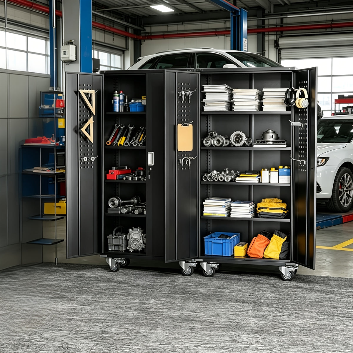 [With Wheels, Adjustable] Metal Storage Cabinet With Wheels, Pegboards, Locking Doors And 4 Adjustable Shelves, 71"H/72"H/73"H Tool Cabinet For Garage, Home, Basement, Kitchen