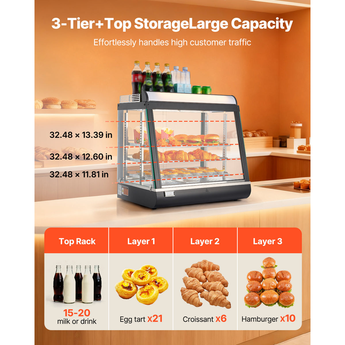3-Tier Commercial Food Warmer Display, 1200W Food Display Warmer with LED Light, Top Storage and Adjustable Shelves, 86℉~185℉ Steam Heating, 75L for Hamburger, Pizza, Bread, Fried Chicken