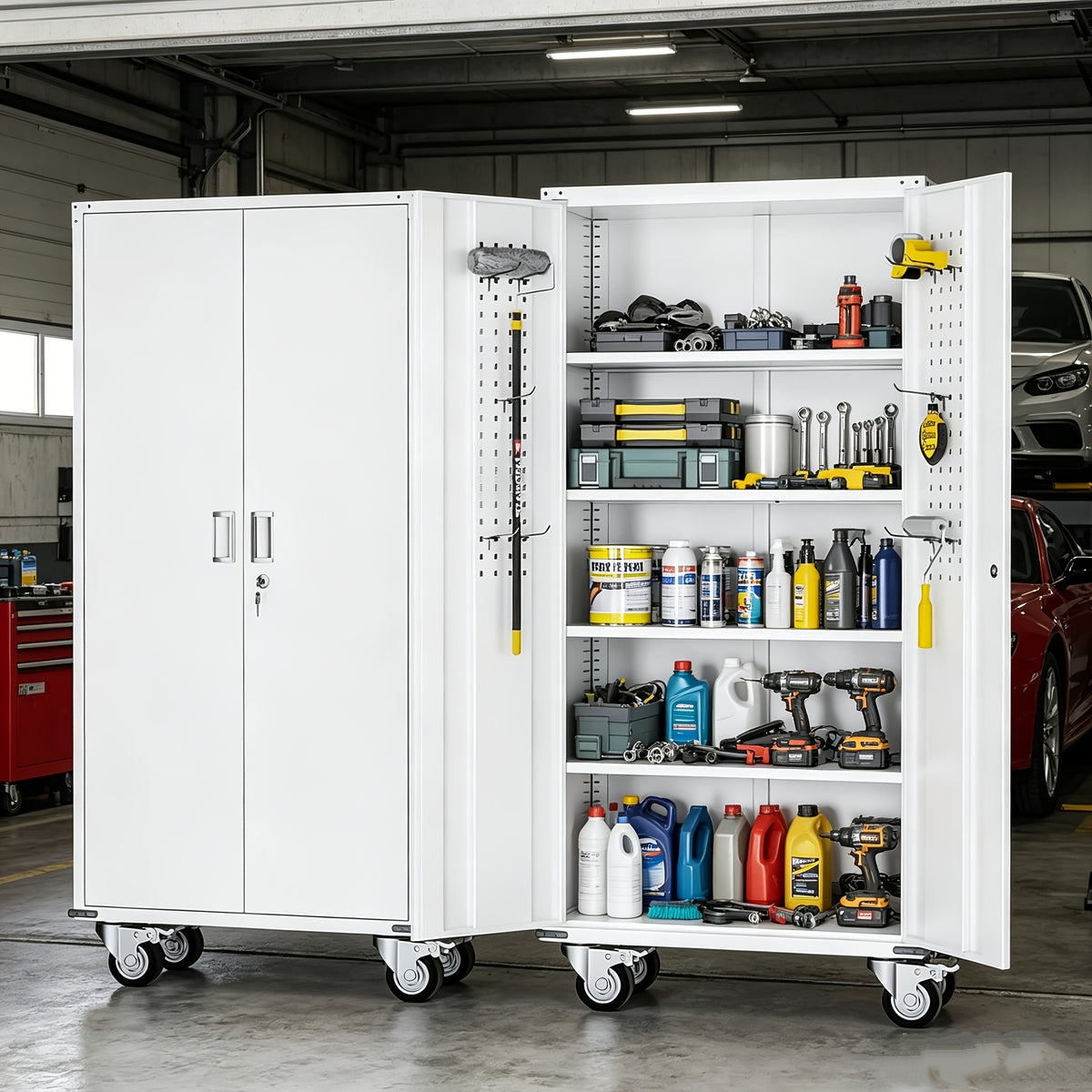 [With Wheels, Adjustable] Metal Storage Cabinet With Wheels, Pegboards, Locking Doors And 4 Adjustable Shelves, 71"H/72"H/73"H Tool Cabinet For Garage, Home, Basement, Kitchen
