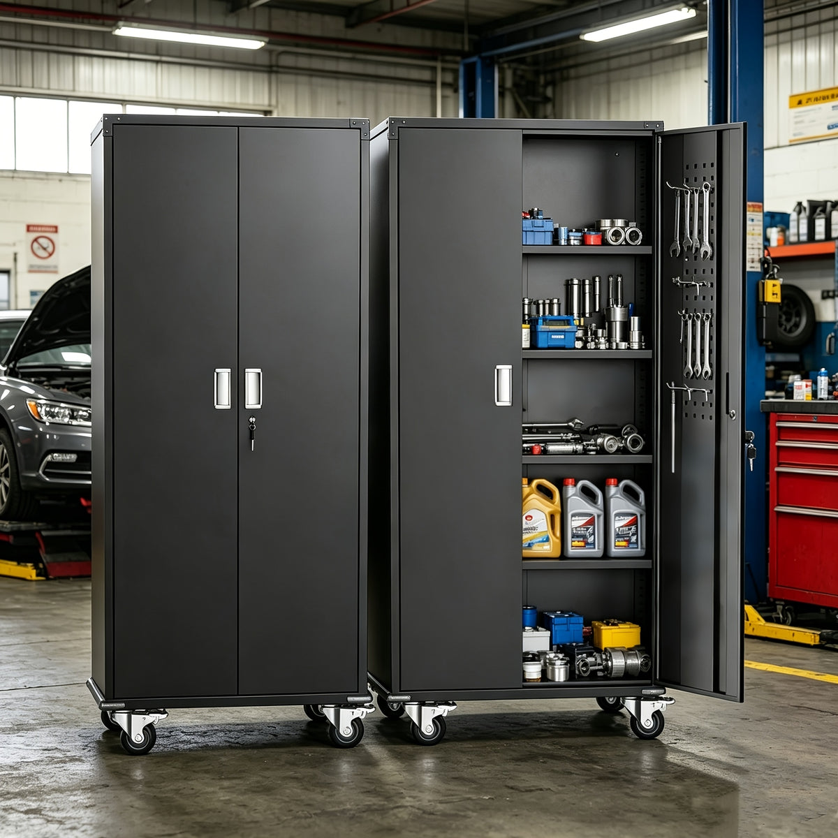 [With Wheels, Adjustable] Metal Storage Cabinet With Wheels, Pegboards, Locking Doors And 4 Adjustable Shelves, 71"H/72"H/73"H Tool Cabinet For Garage, Home, Basement, Kitchen