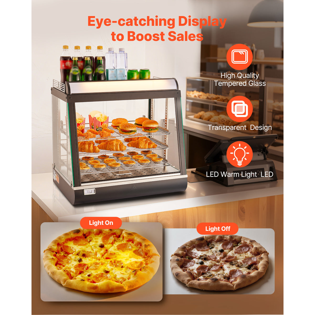 3-Tier Commercial Food Warmer Display, 1200W Food Display Warmer with LED Light, Top Storage and Adjustable Shelves, 86℉~185℉ Steam Heating, 75L for Hamburger, Pizza, Bread, Fried Chicken