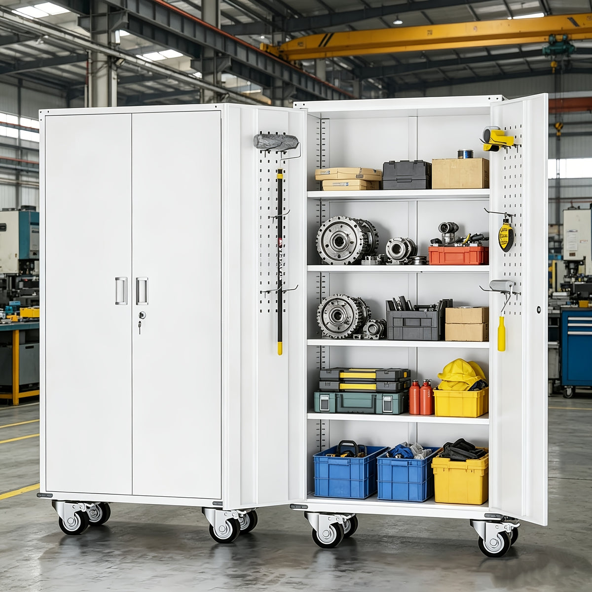 [With Wheels, Adjustable] Metal Storage Cabinet With Wheels, Pegboards, Locking Doors And 4 Adjustable Shelves, 71"H/72"H/73"H Tool Cabinet For Garage, Home, Basement, Kitchen