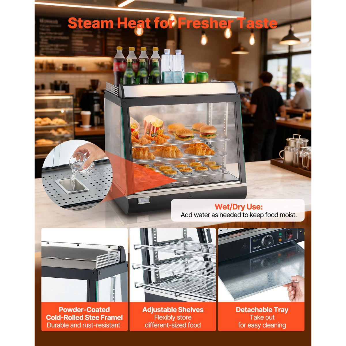3-Tier Commercial Food Warmer Display, 1200W Food Display Warmer with LED Light, Top Storage and Adjustable Shelves, 86℉~185℉ Steam Heating, 75L for Hamburger, Pizza, Bread, Fried Chicken