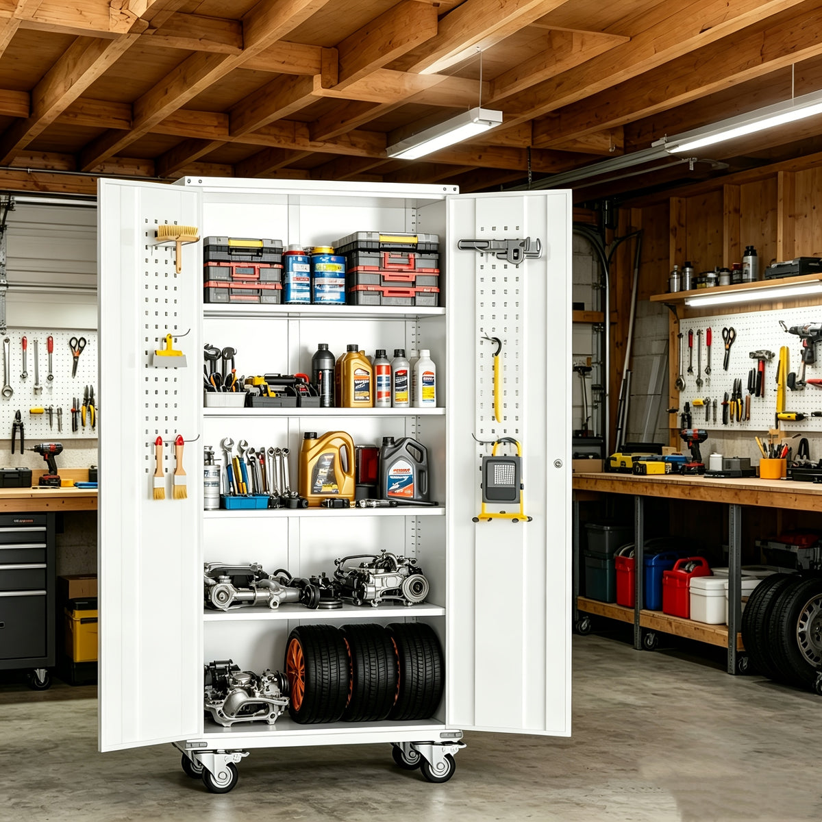[With Wheels, Adjustable] Metal Storage Cabinet With Wheels, Pegboards, Locking Doors And 4 Adjustable Shelves, 71"H/72"H/73"H Tool Cabinet For Garage, Home, Basement, Kitchen