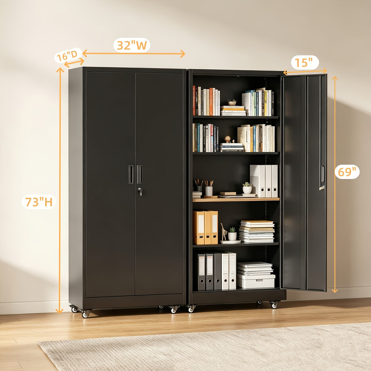 [With Wheels, Adjustable] Metal Storage Cabinet With Wheels, Pegboards, Locking Doors And 4 Adjustable Shelves, 71"H/72"H/73"H Tool Cabinet For Garage, Home, Basement, Kitchen