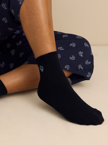 Blue Ankle Socks with Croissant Embroidery