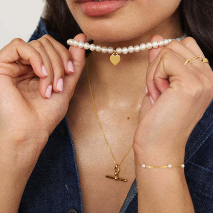 Gold T-Bar and Large Pearl Personalised Heart Necklace Gift Set