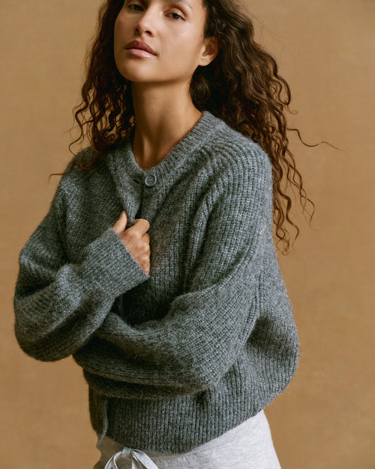 Knit Button Up Cardigan - Dark Grey Melange