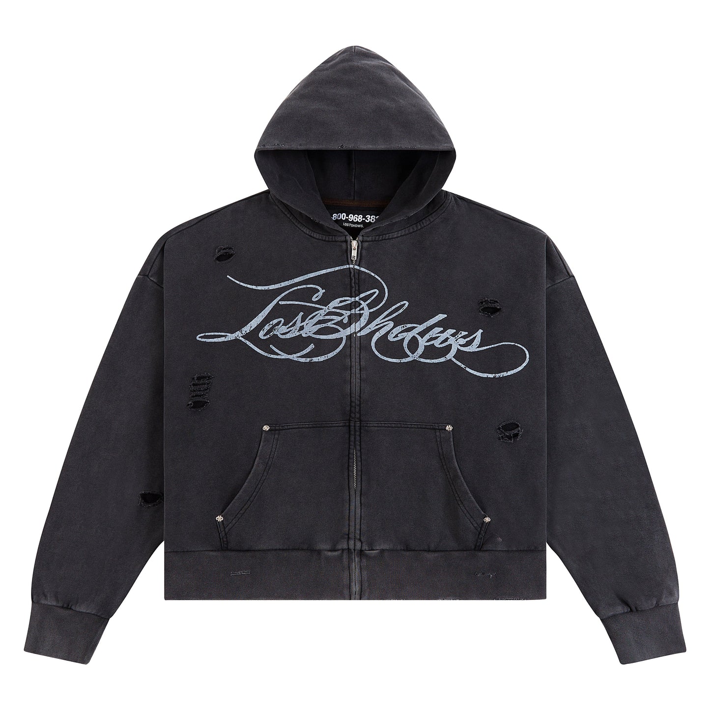 Distressed Script Zip Up Hoodie | Black