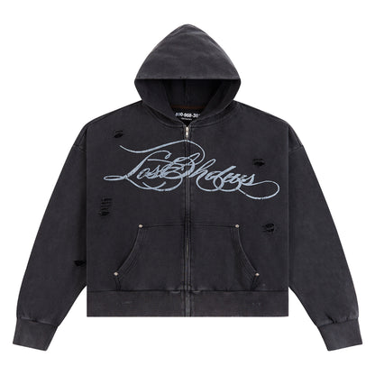 Distressed Script Zip Up Hoodie | Black