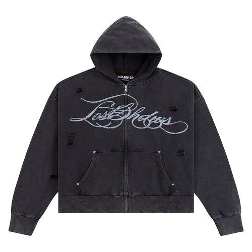 Distressed Script Zip Up Hoodie | Black
