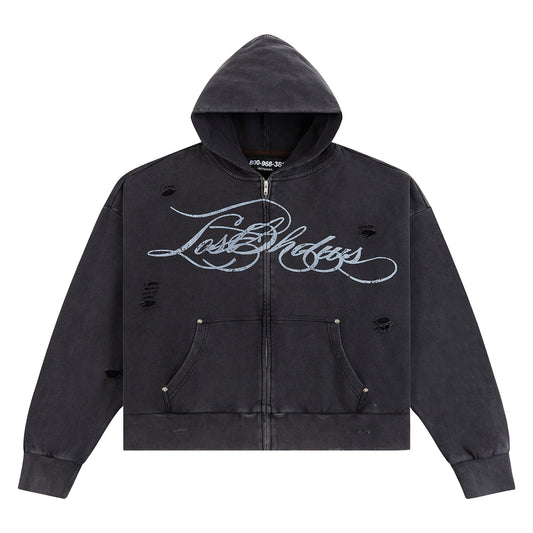 Distressed Script Zip Up Hoodie | Black