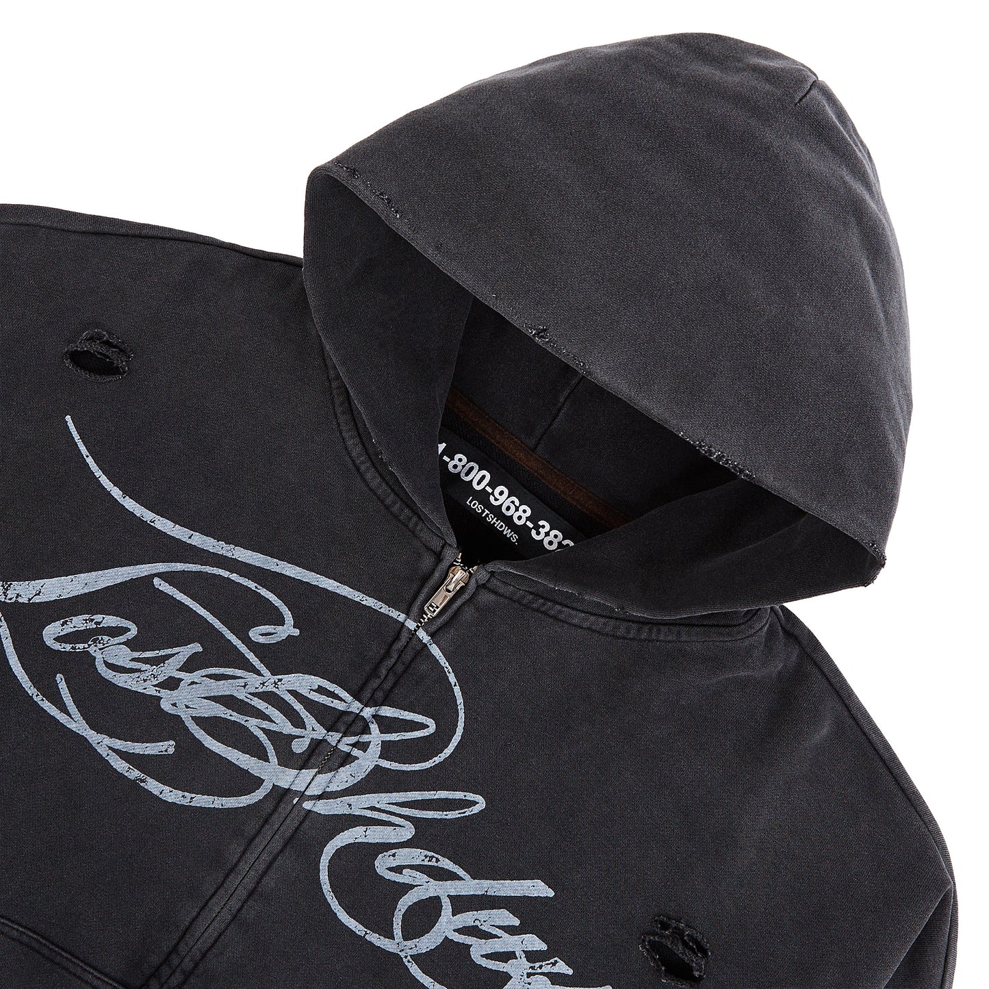 Distressed Script Zip Up Hoodie | Black