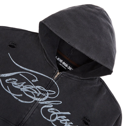 Distressed Script Zip Up Hoodie | Black