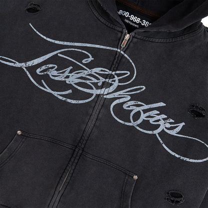 Distressed Script Zip Up Hoodie | Black
