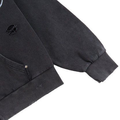 Distressed Script Zip Up Hoodie | Black