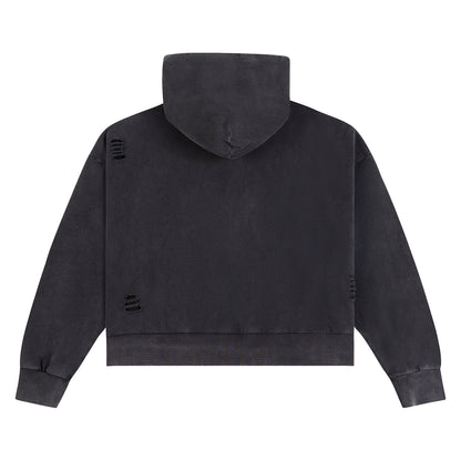 Distressed Script Zip Up Hoodie | Black