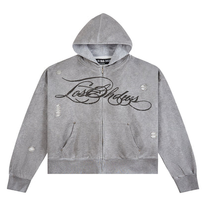 Distressed Script Zip Up Hoodie | Grey
