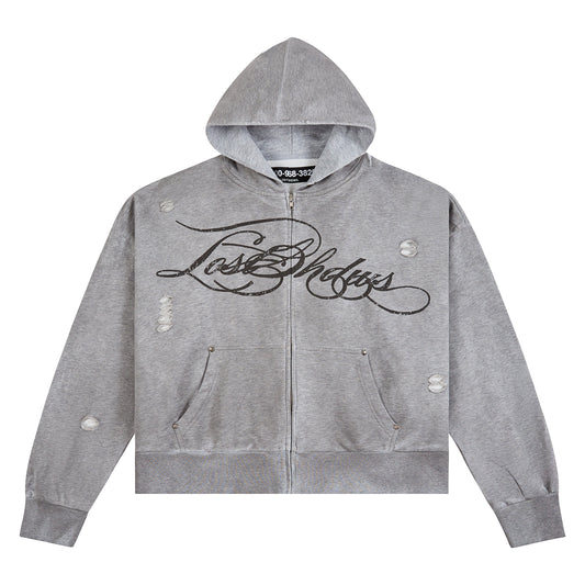 Distressed Script Zip Up Hoodie | Grey