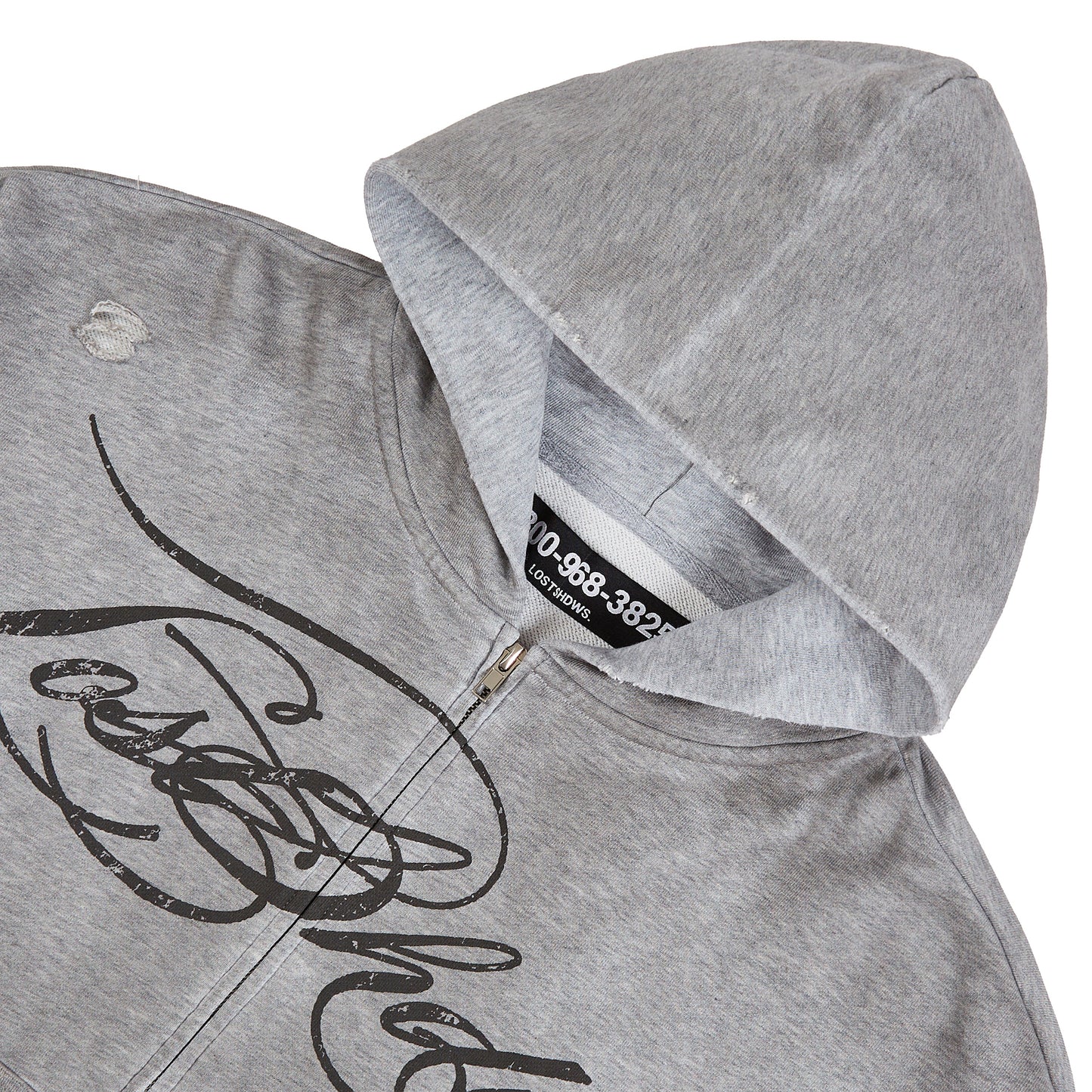 Distressed Script Zip Up Hoodie | Grey