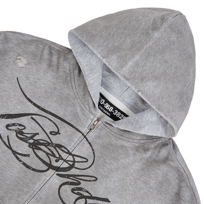 Distressed Script Zip Up Hoodie | Grey