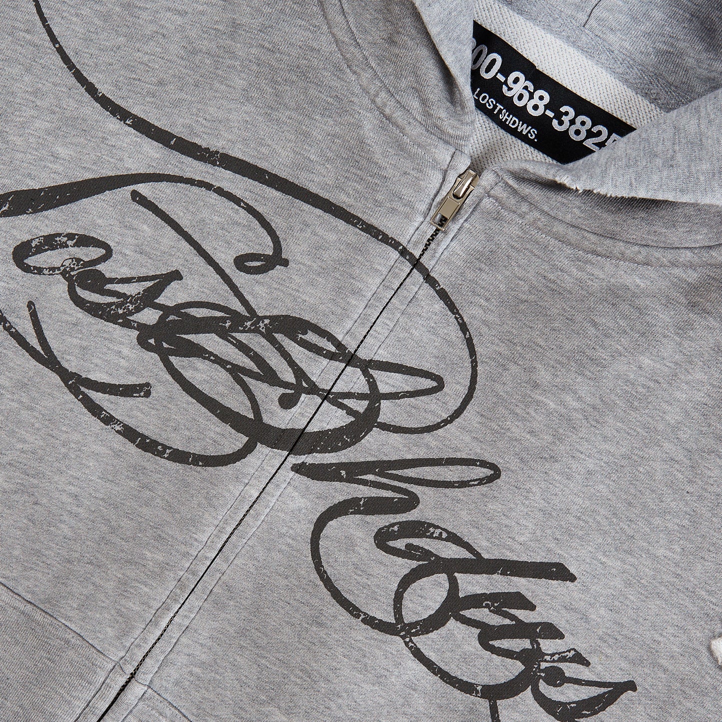 Distressed Script Zip Up Hoodie | Grey