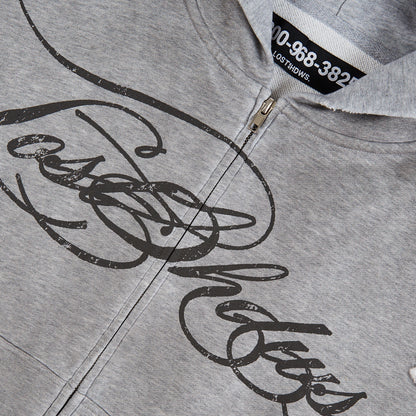 Distressed Script Zip Up Hoodie | Grey