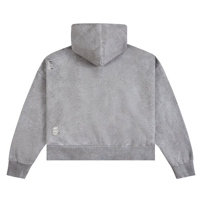 Distressed Script Zip Up Hoodie | Grey