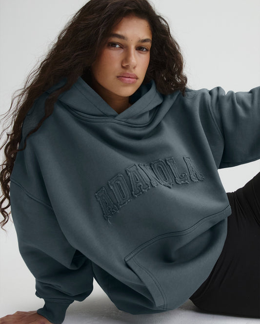 Distressed Varsity Washed Oversized Hoodie - Storm Blue