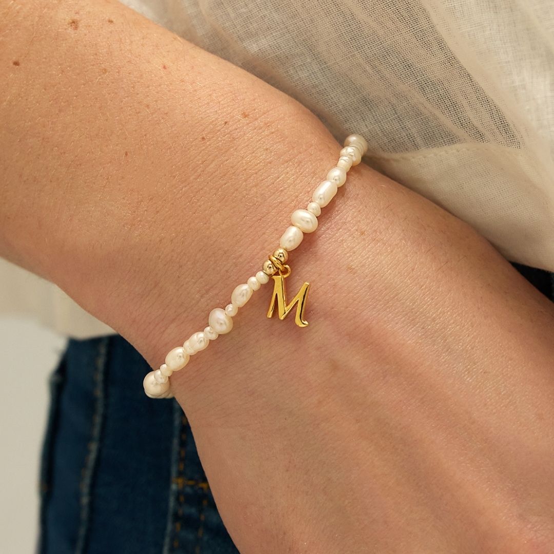 Silver Pearl Initial Letter Bracelet